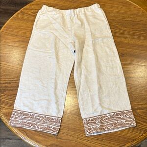 J.Jill Linen Blend Wide Leg Capri Flax/Clay Embroidered